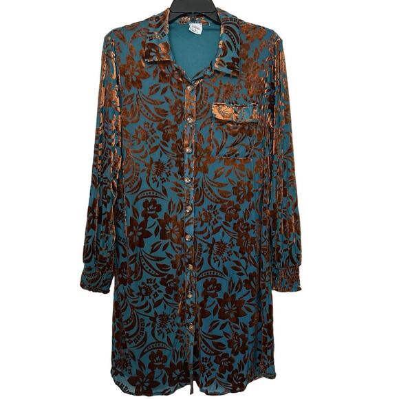 Cozy Co Burnout Velvet Floral Button Front Shirt Dress Teal Brown Medium Boho - Picture 3 of 14